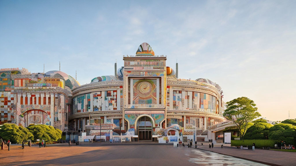 Circular Ornate Building with Colorful Mosaic Exteriors and Greenery