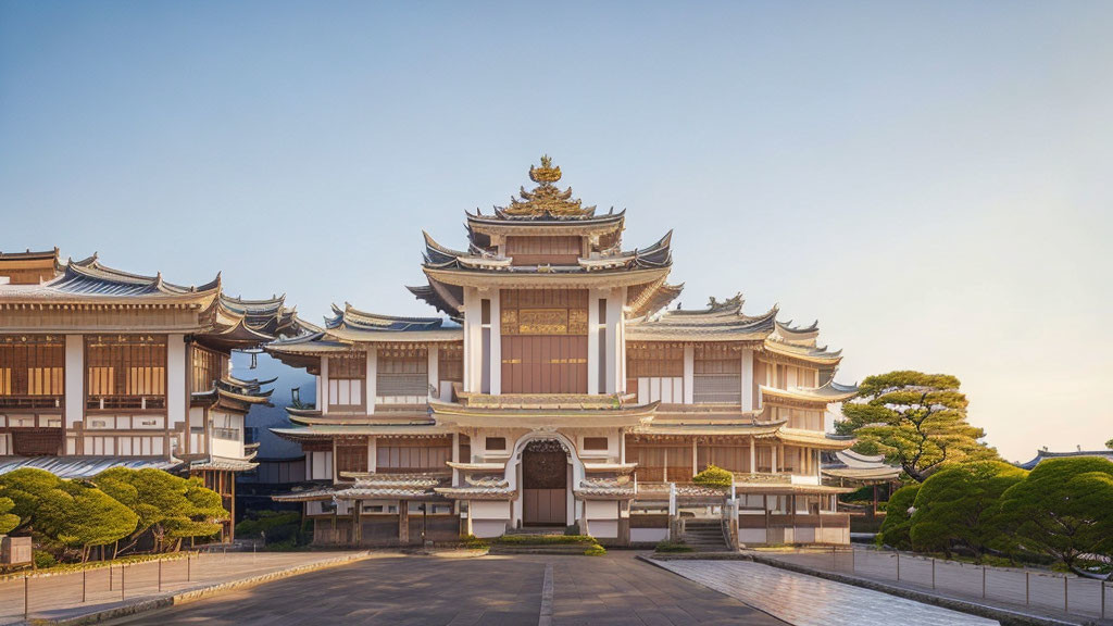 Traditional Japanese Temple with Multi-Tiered Roofs and Gold Accents