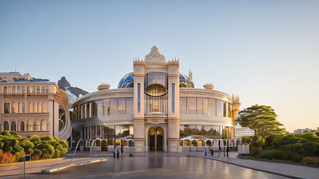 Classical facade meets modern glass extensions in elegant building landscape