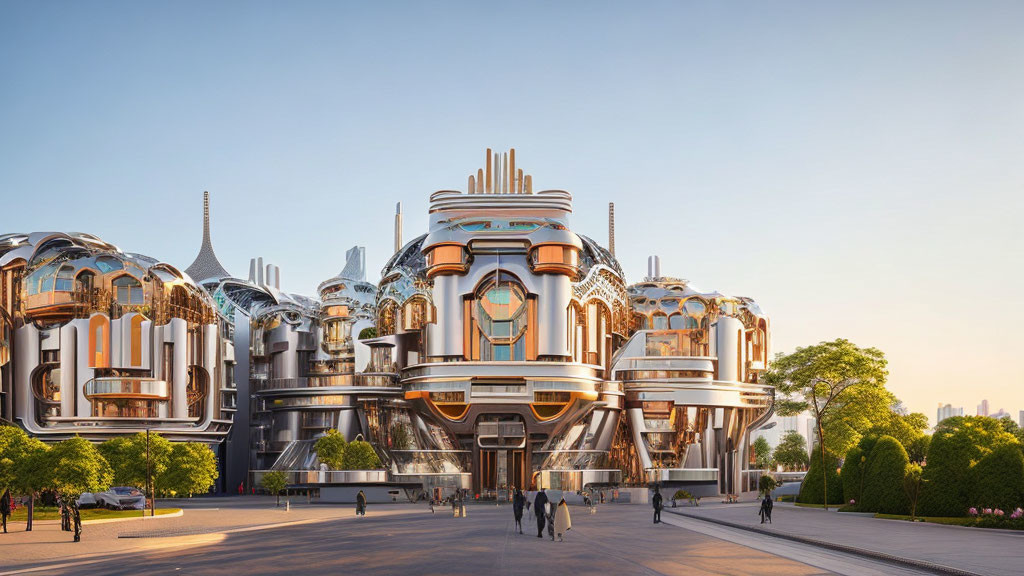 Modern metallic building with ornate design and people walking under clear sky