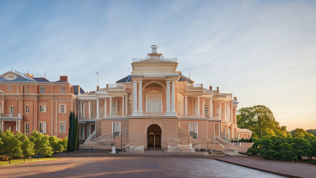 Neoclassical building with central dome and lush lawns at dawn or dusk