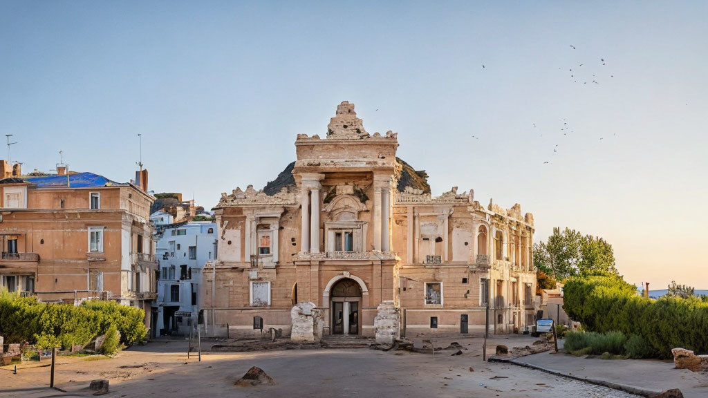 Baroque architecture on historical building facade with modern structures and birds in clear dusk sky