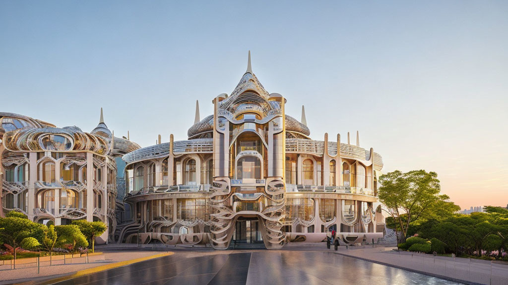 Modern plaza with futuristic organic architecture and glass facades