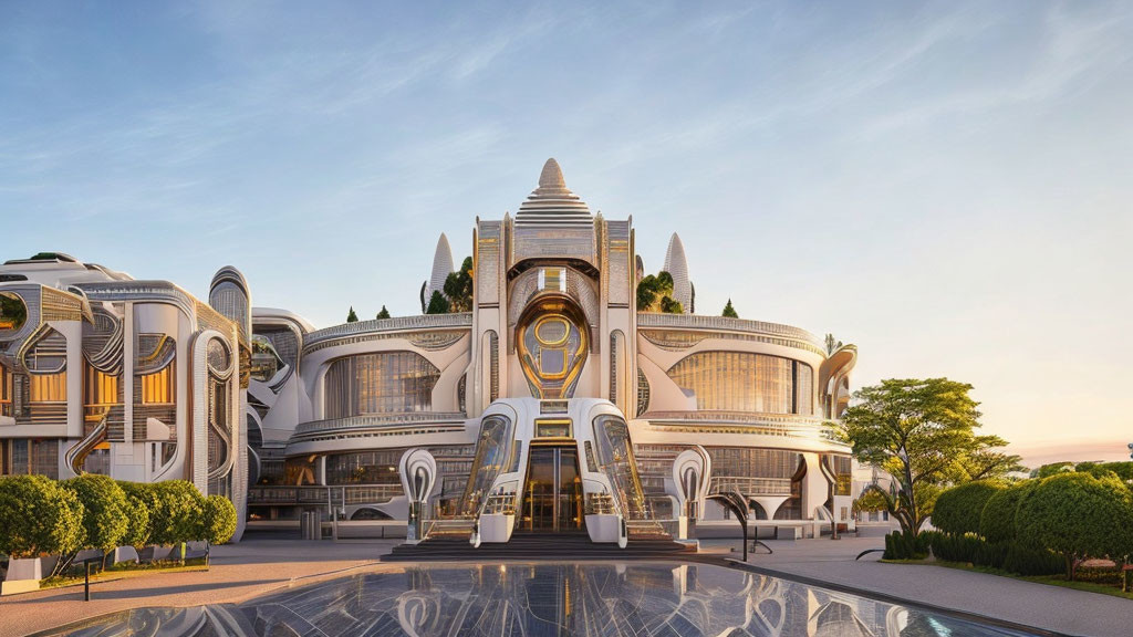 Art Deco-inspired futuristic building with ornate curves, reflective surfaces, and lush landscaping at dusk