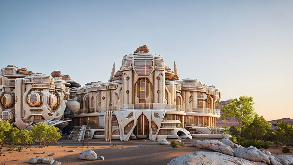 Futuristic beige building with organic modular design in desert landscape