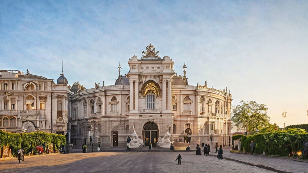 Historical building with grand arches and sculptures under a blue dusk sky.