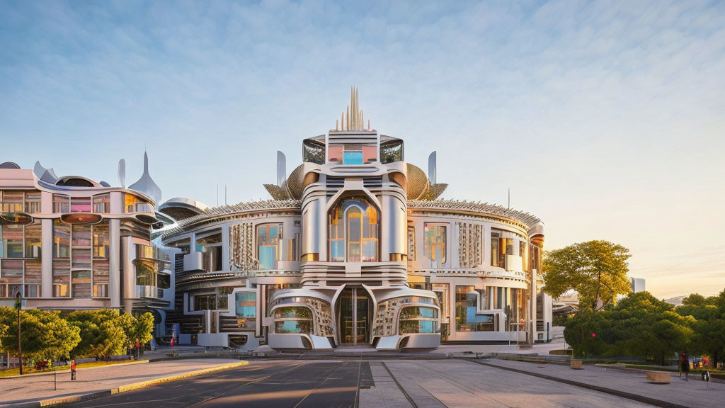 Futuristic-style building with ornate white and silver facades