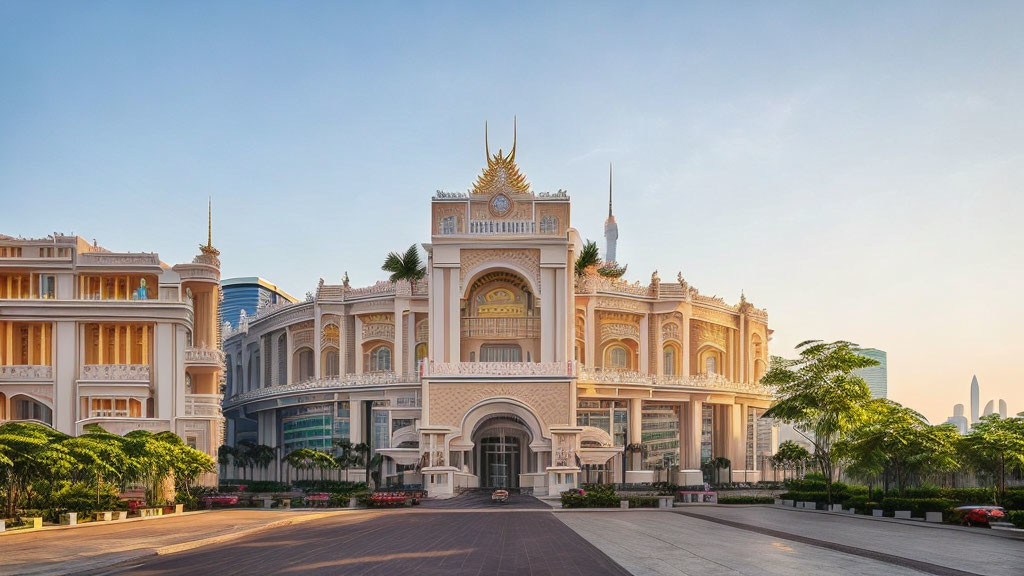 Ornate traditional building with archways and spires under clear sky