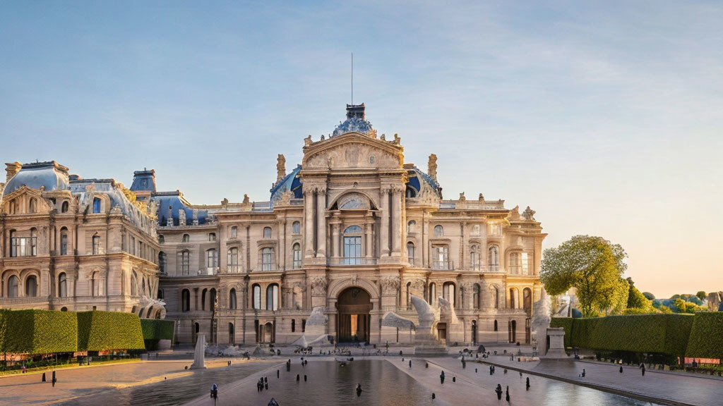 Louvre Palace courtyard with iconic architecture and visitors on a sunny day