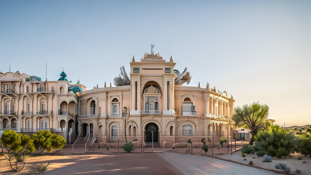 Colonial-style building with pediment, balconies, arches in desert landscape