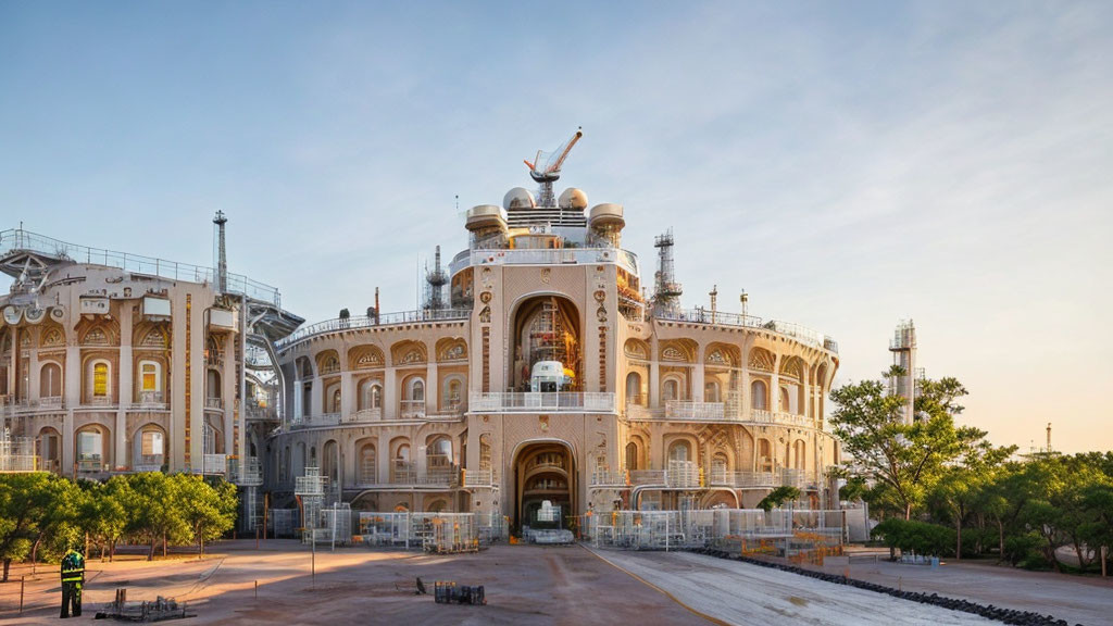 Neoclassical-style building with scaffolding and cranes on construction site