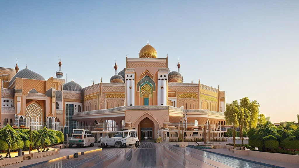 Grand Mosque with Islamic architecture, golden dome, minarets, and serene surroundings