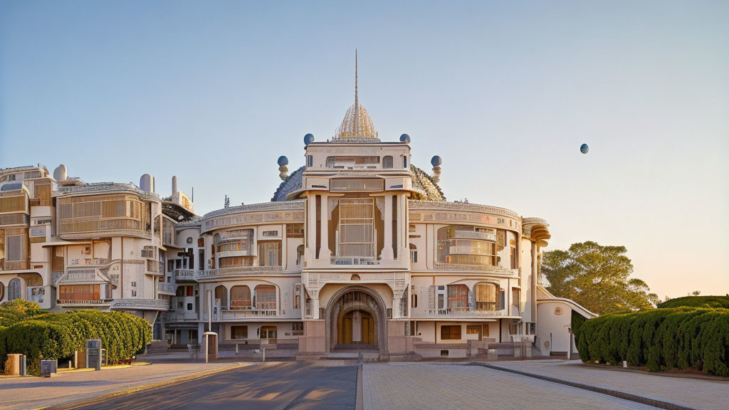 Classical facade building with spire at sunset among modern structures