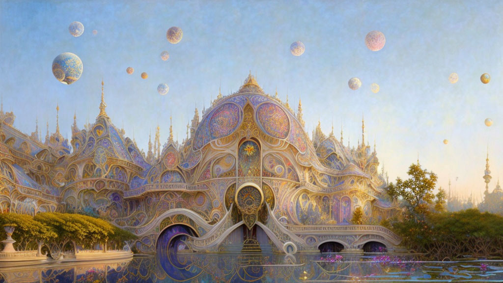 Fantasy palace with floating spheres, reflection on calm waters