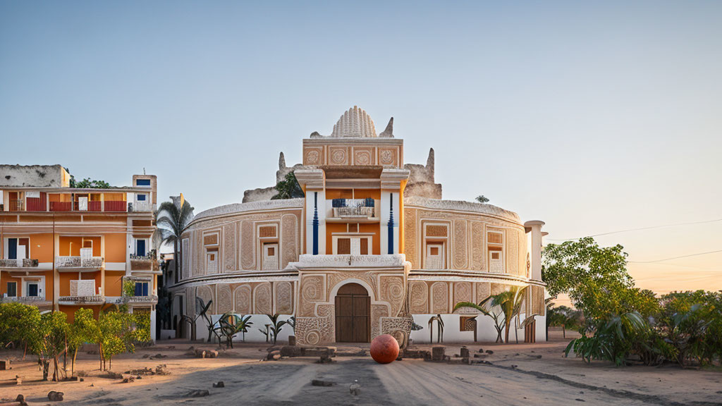 Colonial-style building with ornate facade and balcony in sandy dusk setting