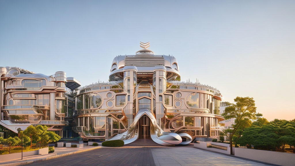 Futuristic building with rounded metallic structures and glass windows at dusk