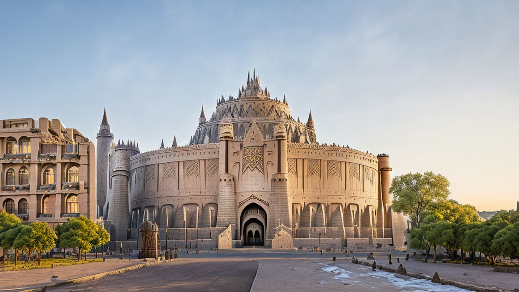 Majestic castle with towers and spires against clear dusk sky