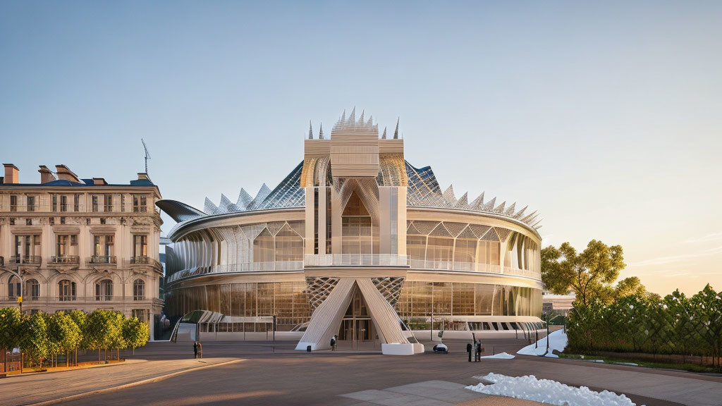 Intricate lattice roof and glass panels in modern architectural setting