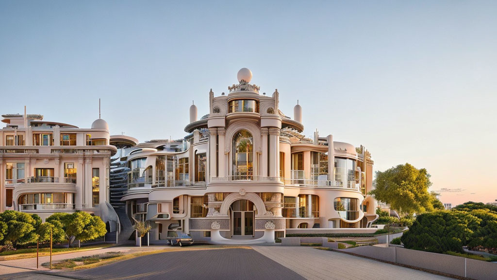 Luxurious modern building with classic design, rounded balconies, ornate decorations, symmetric facade.