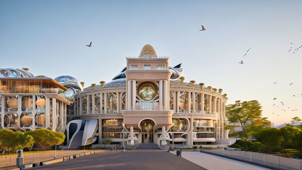 Futuristic building with central clock, ornate balconies, glass domes, and birds in