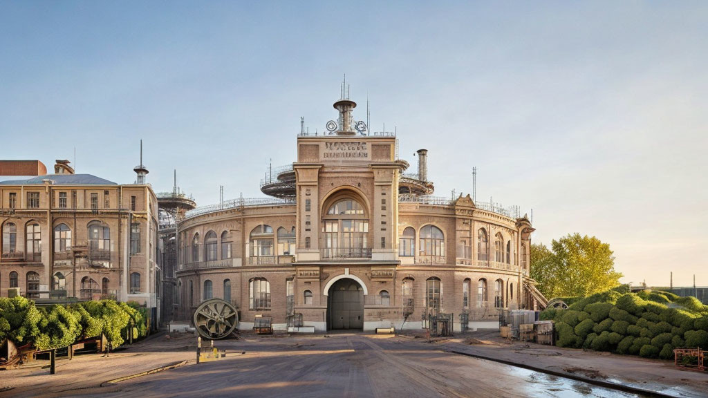 Ornate European-style building with towers and arched entrance at dusk