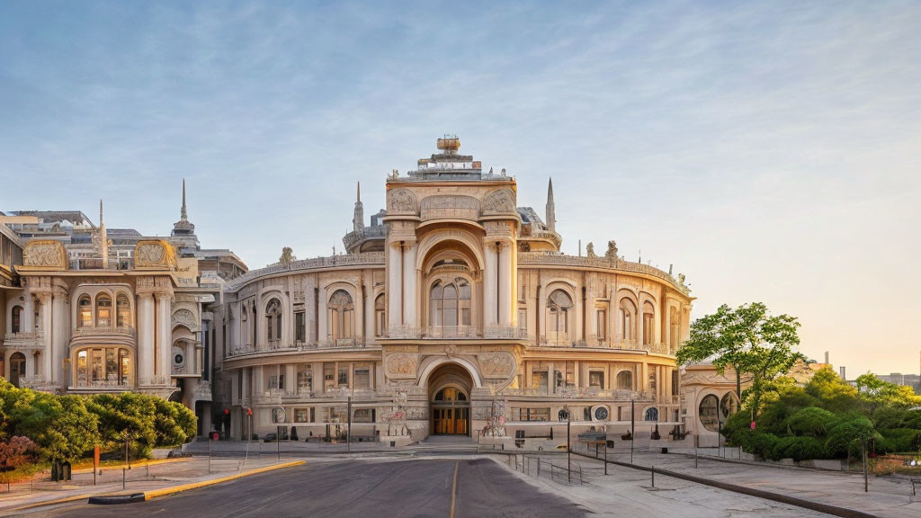 Historic building with intricate architecture and central arch at sunset