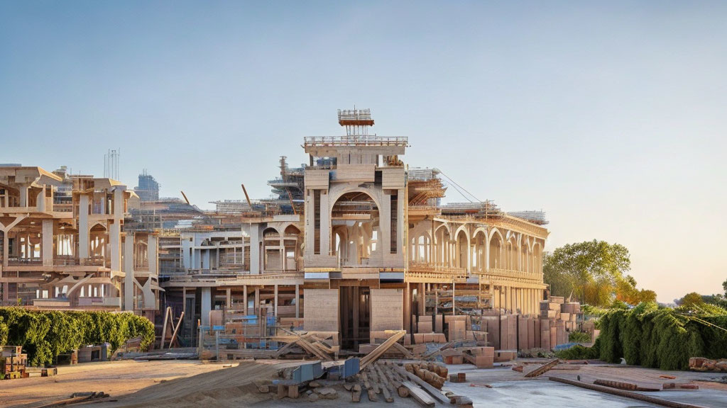 Multi-floor building under construction with scaffolding and blue skies