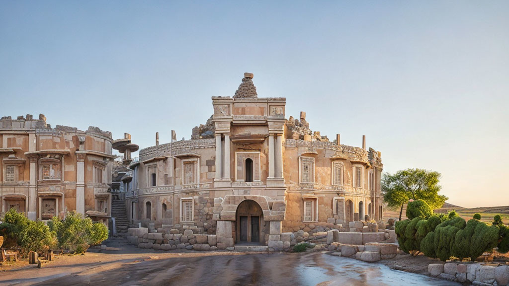 Ancient stone structure with intricate carvings in sandy landscape