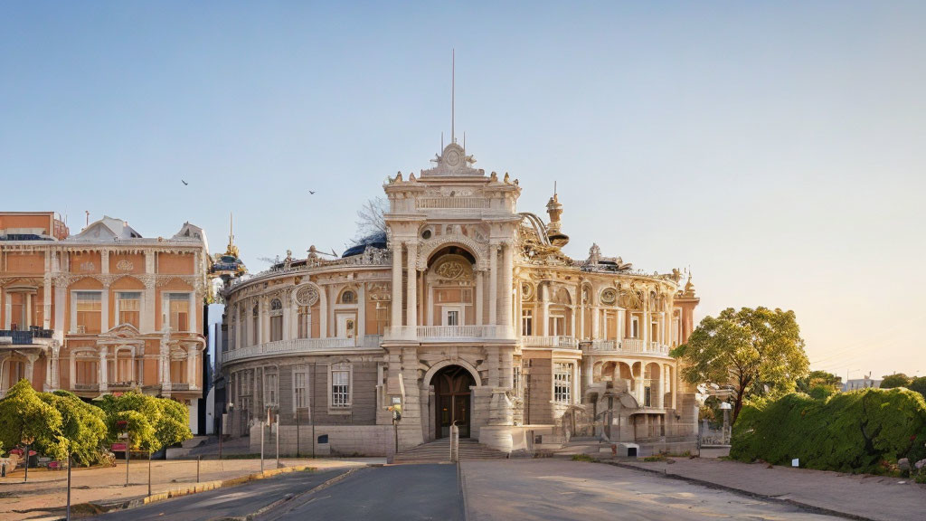 Historic building with elaborate facade, grand entrance stairs, birds in clear blue sky