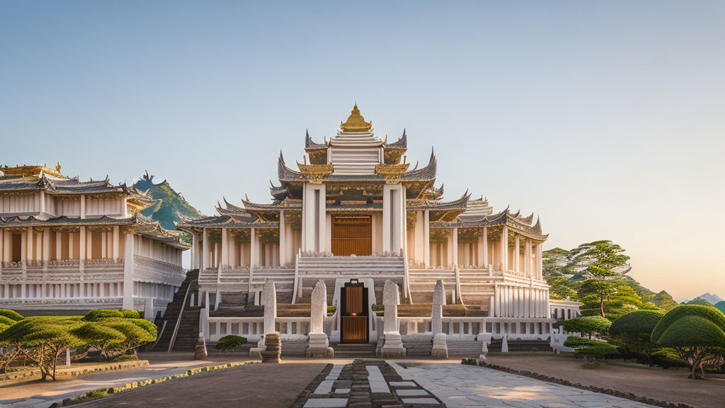 Asian-style palace with tiered roofs and spires in manicured gardens