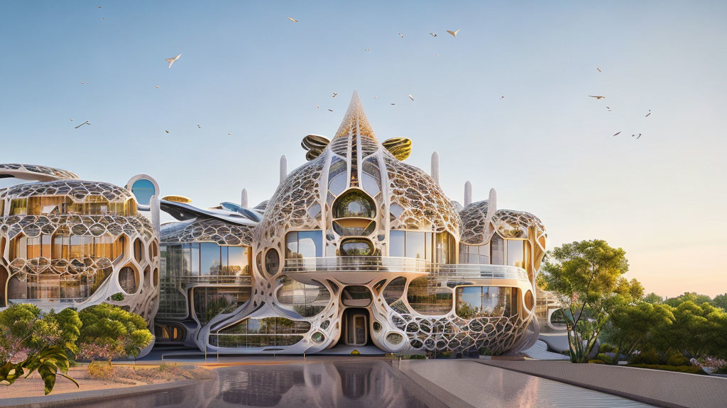 Organic futuristic architecture with domes, glass windows, and greenery