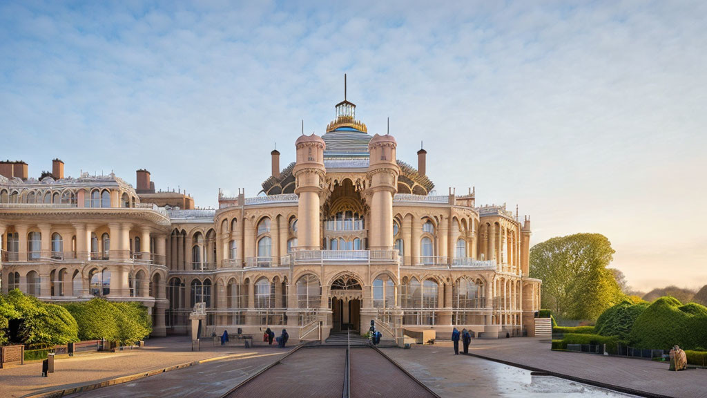 Historic building with intricate facade, towers, and domes under clear blue sky