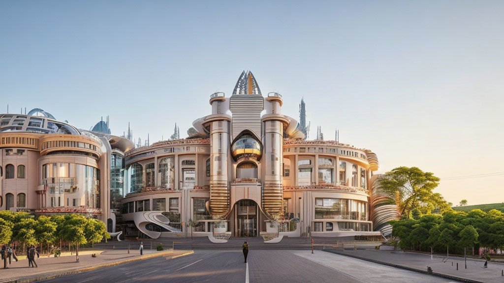 Curved glass building with reflective surfaces and pedestrian.