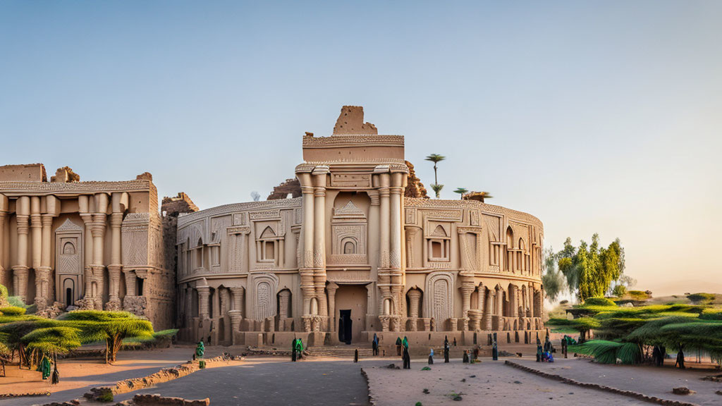 Elaborate Mud-Brick Building with Traditional Attire and Greenery