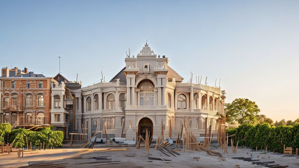 Historic-style building under construction with scaffolding, surrounded by older buildings.