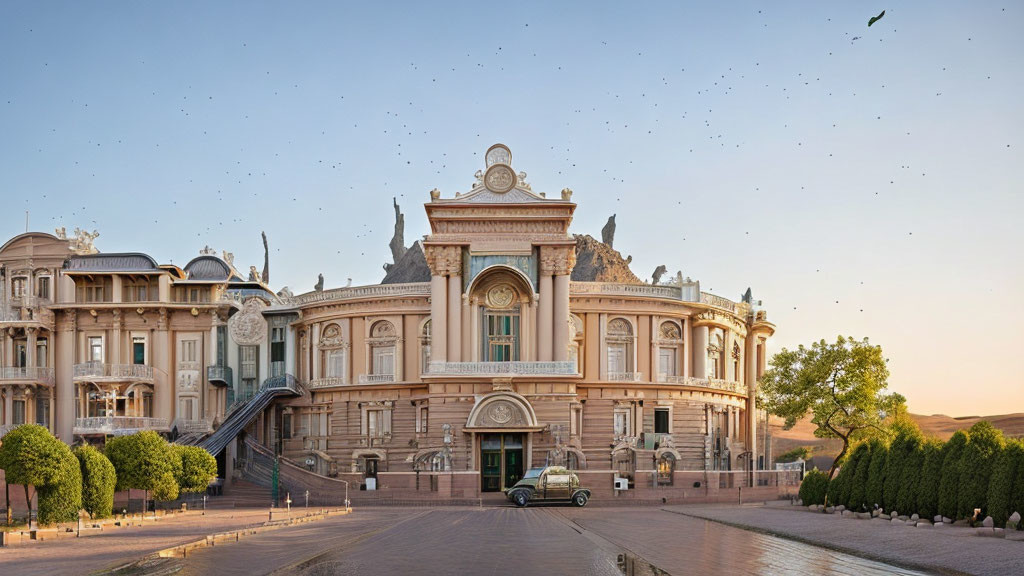 Neoclassical building with clock, hedges, cobblestone approach