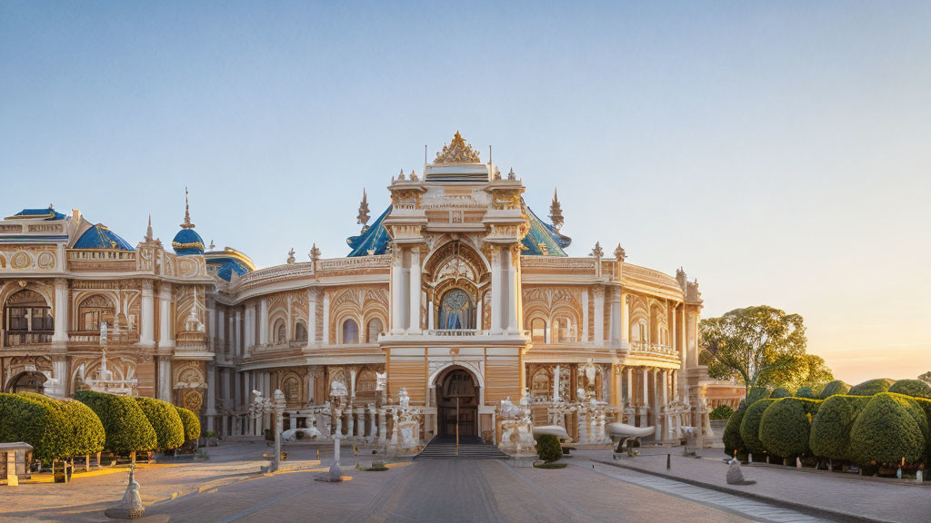 Ornate palace with blue domes and manicured gardens