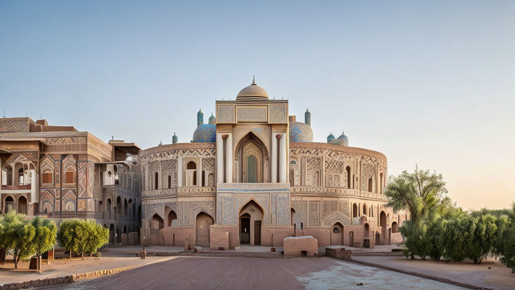 Panoramic view of intricate traditional building with domes at dusk