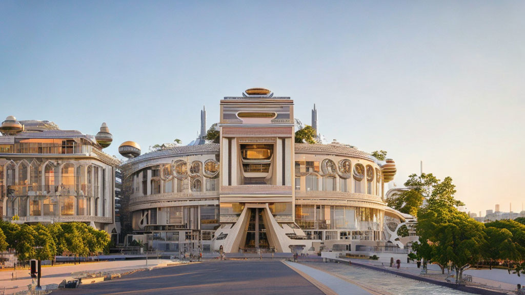 Symmetrical futuristic building with glass domes under clear sky