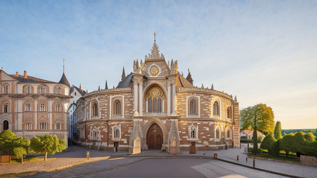 Ornate historic church with intricate architecture and traditional European buildings under clear blue sky