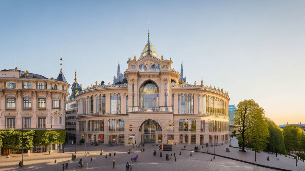 Historic building with arched windows, central dome, and people in square.