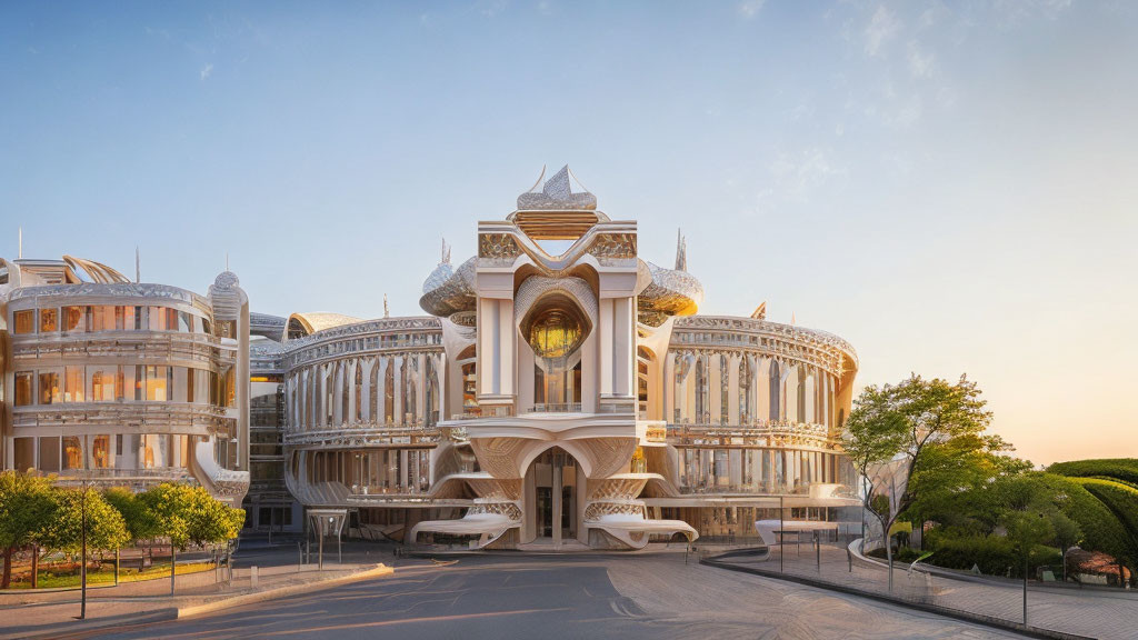 White modern building with traditional architectural elements in warm sunlight.