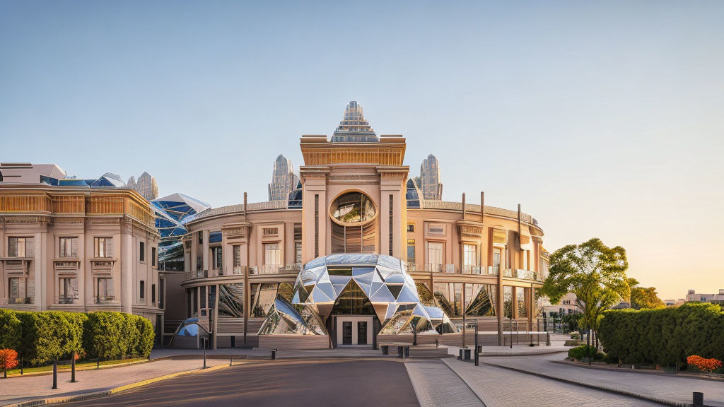 Contemporary building with central dome, glass structure, and traditional facades at dusk