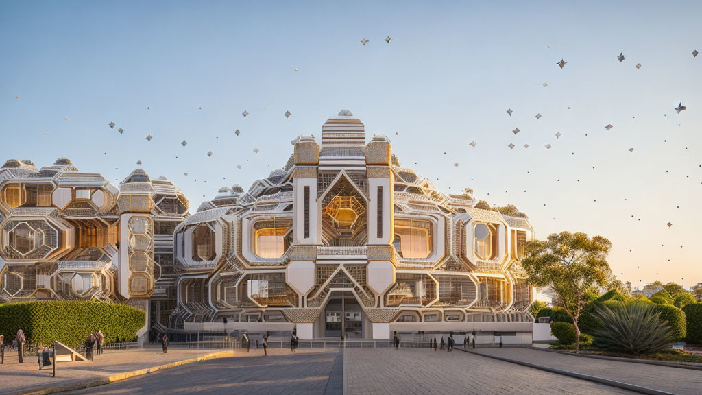 Hexagon Patterned Futuristic Building with Flying Geometric Shapes at Dusk