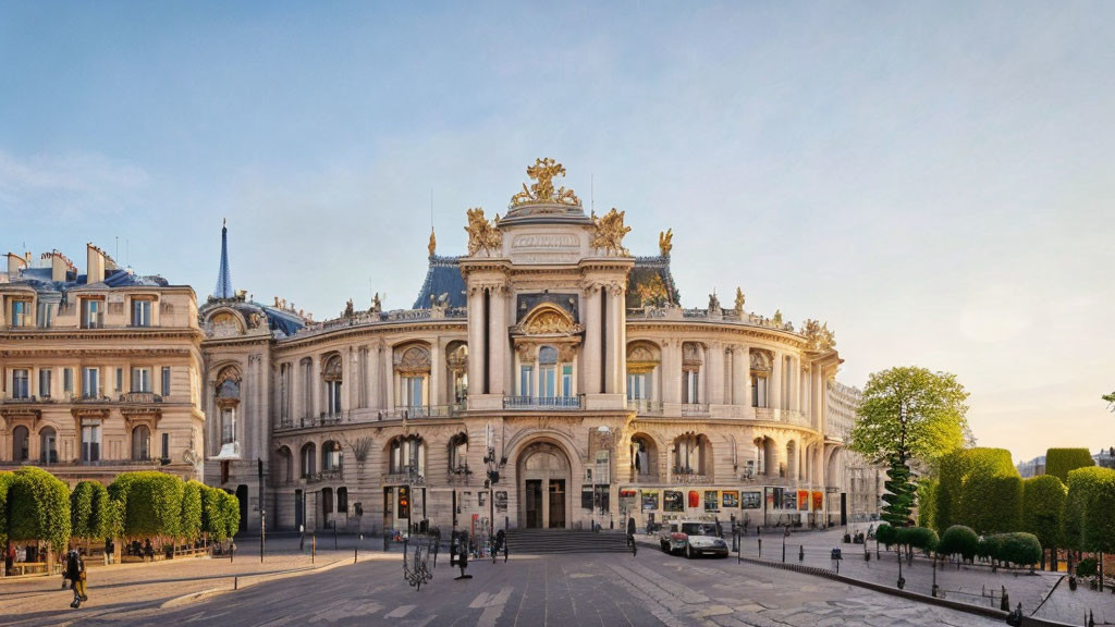 Ornate building with golden statue under clear sky and people nearby