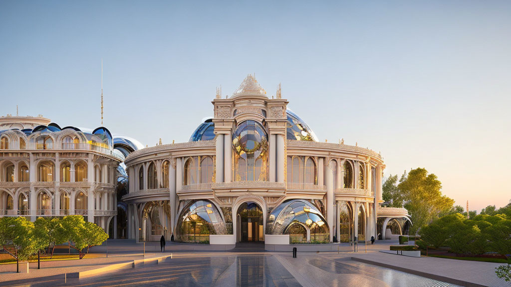 Classical Architecture with Modern Glass Dome and Clock at Twilight