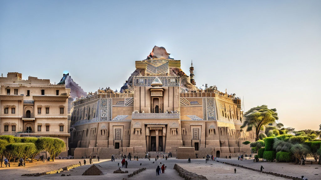 Egyptian-themed park with temple, pyramids, and visitors at dusk