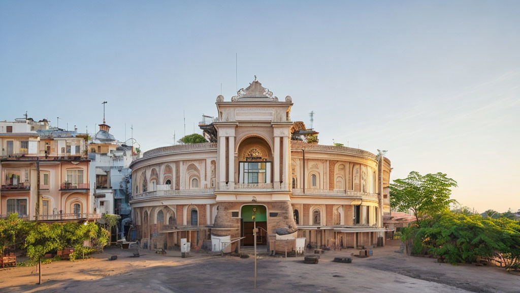 Historical building with arched entrance and dome among modern apartments