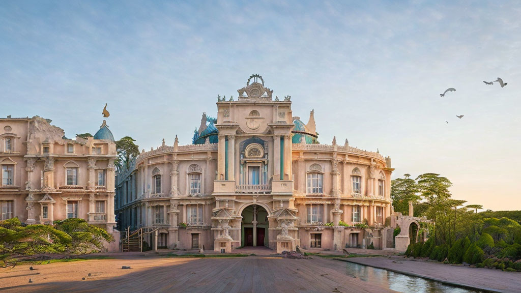 Baroque-style pastel palace with lush greenery and birds in clear sky