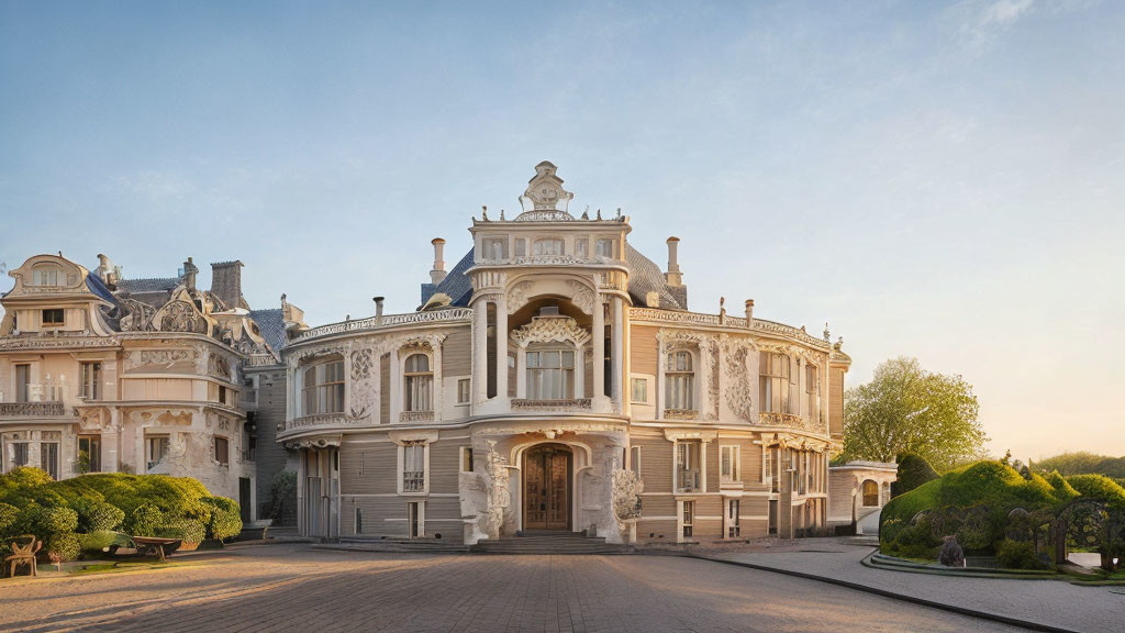 Historical mansion with ornate façade and sculpted topiaries at sunrise or sunset